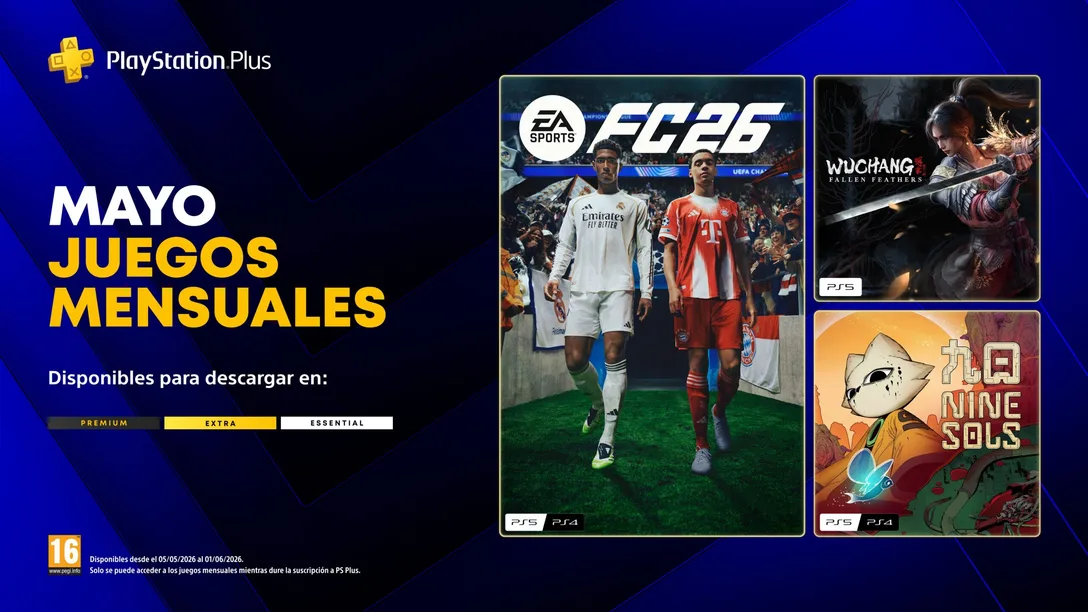 PlayStation Plus mayo 2026 juegos mensuales con EA Sports FC 26, Wuchang Fallen Feathers y Nine Sols
