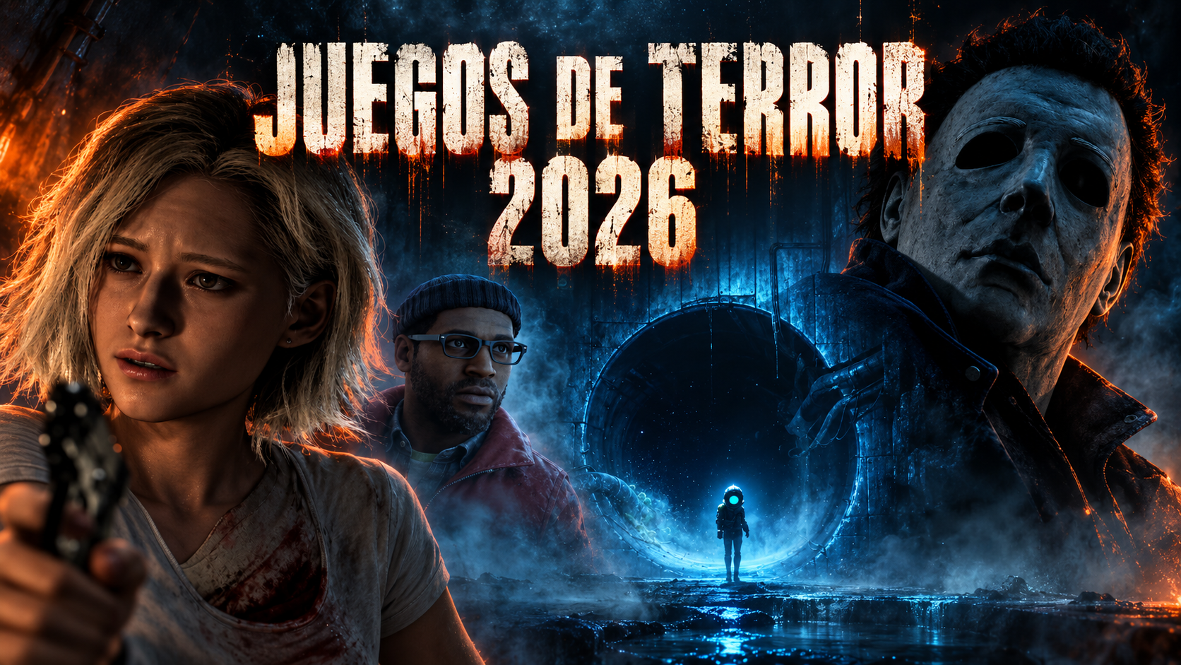 Personajes de Resident Evil Requiem, Silent Hill Townfall y Halloween frente a las instalaciones de End of Abyss en una portada de juegos de terror de 2026.